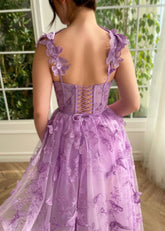 Florence | Lilac Light Pink A Line Square Neck Midi Semi Formal Dress with 3D Butterflies - Lilac - PromDressClub